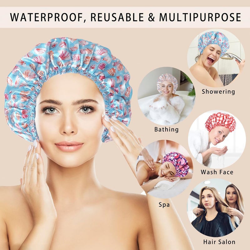 CHFONG Shower Caps for Women, 4 PCS Elastic and Reusable Bath Caps, Double Layers Shower Cap Reusable Waterproof, Bathing Shower Caps, Environmental Bath Hair Protection Cap - Shell - Image 3